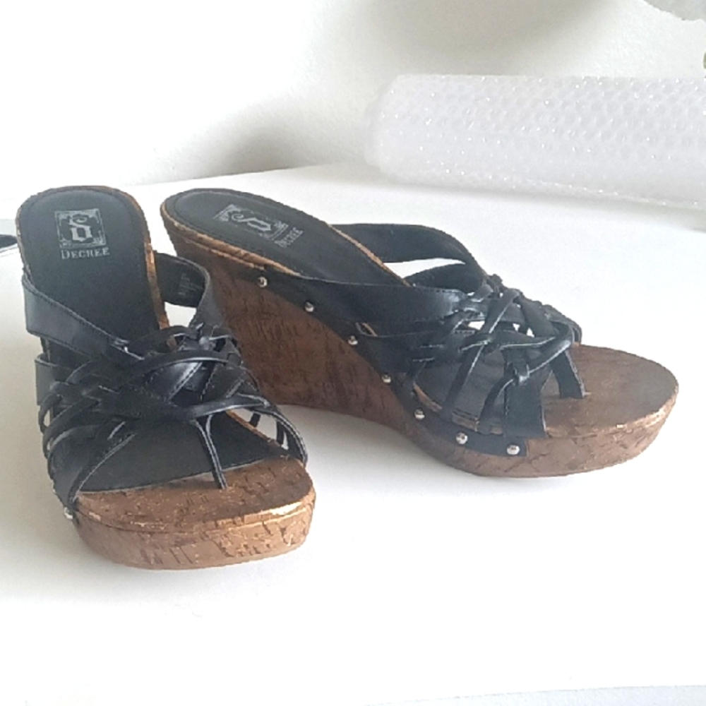 Decree Black and Brown Wedge Shoes with Open Back